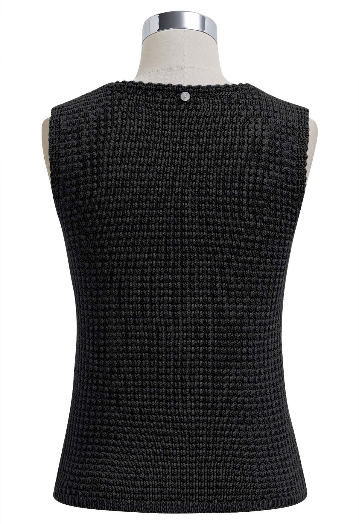 Solid Color Openwork Knit Sleeveless Top in Black
