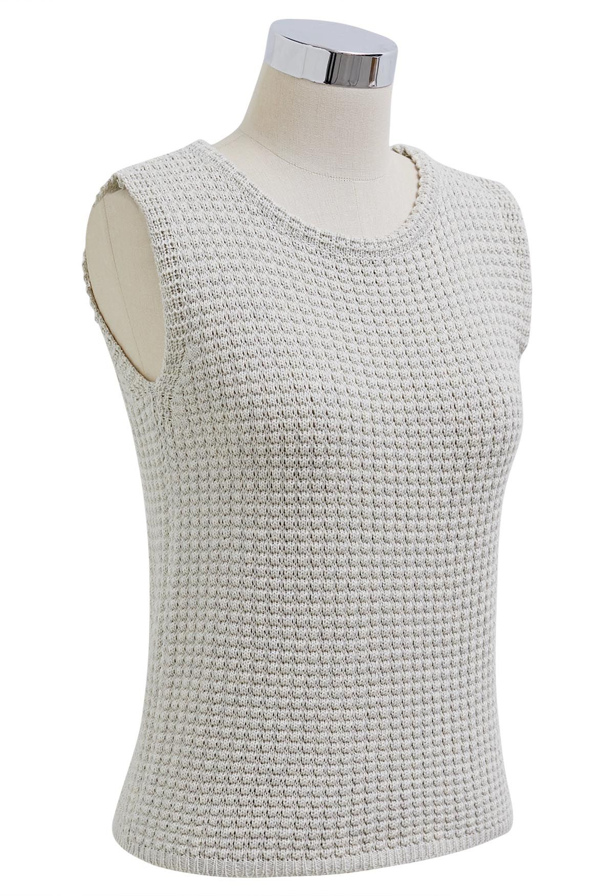 Solid Color Openwork Knit Sleeveless Top in Oatmeal