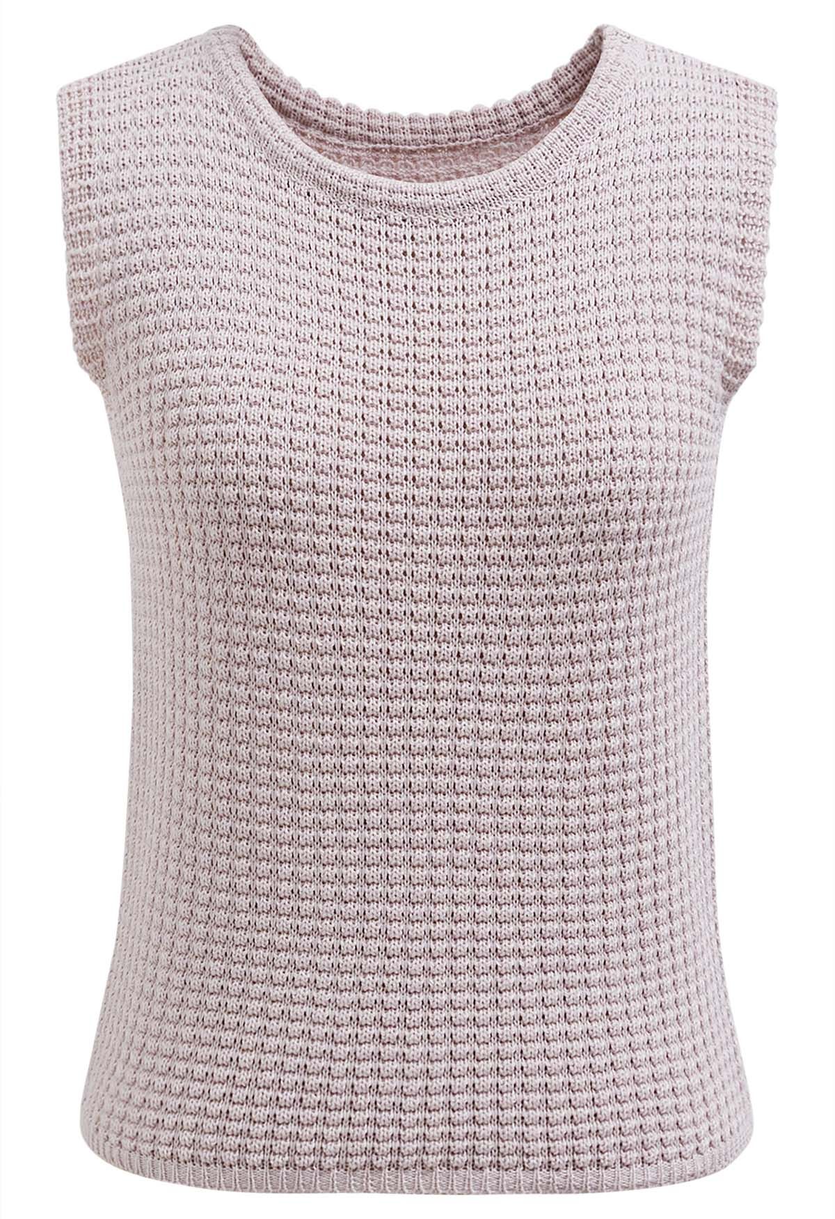 Solid Color Openwork Knit Sleeveless Top in Light Pink
