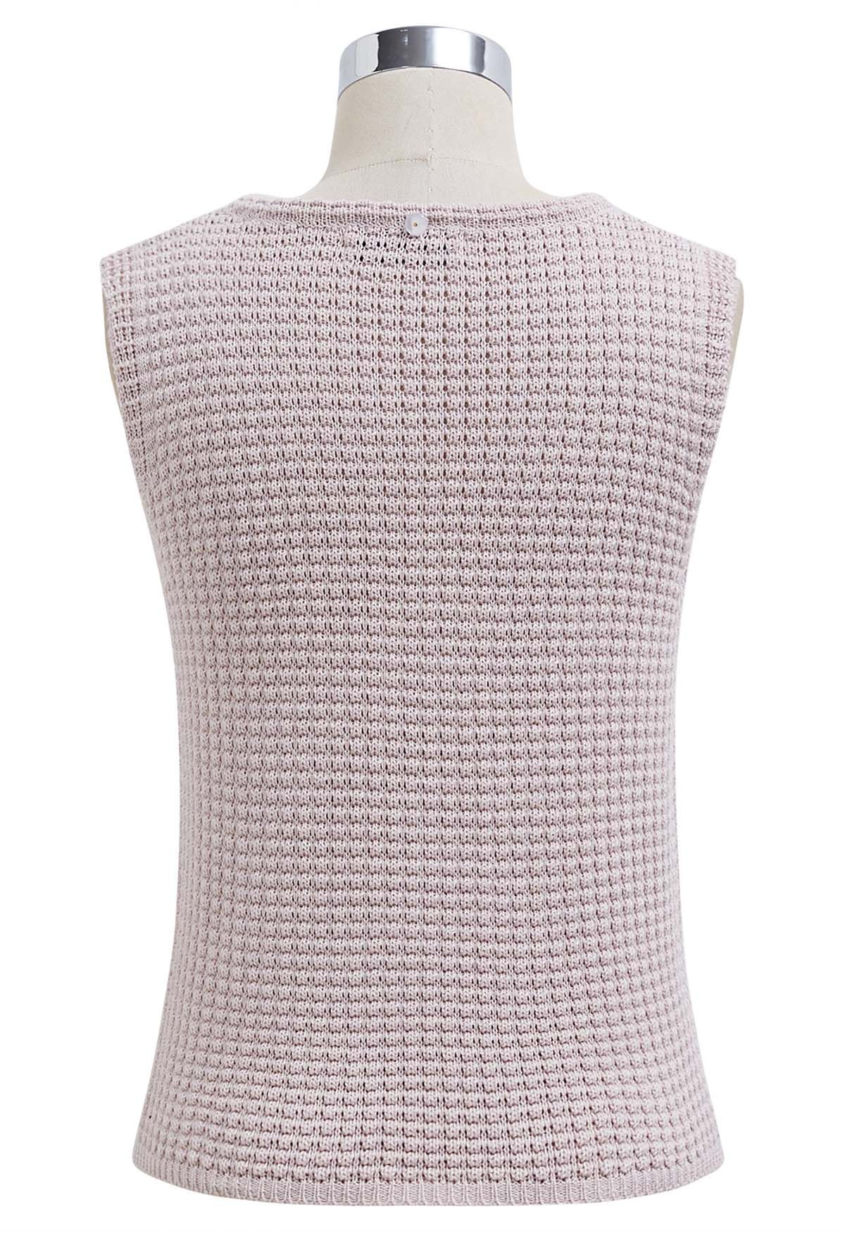 Solid Color Openwork Knit Sleeveless Top in Light Pink