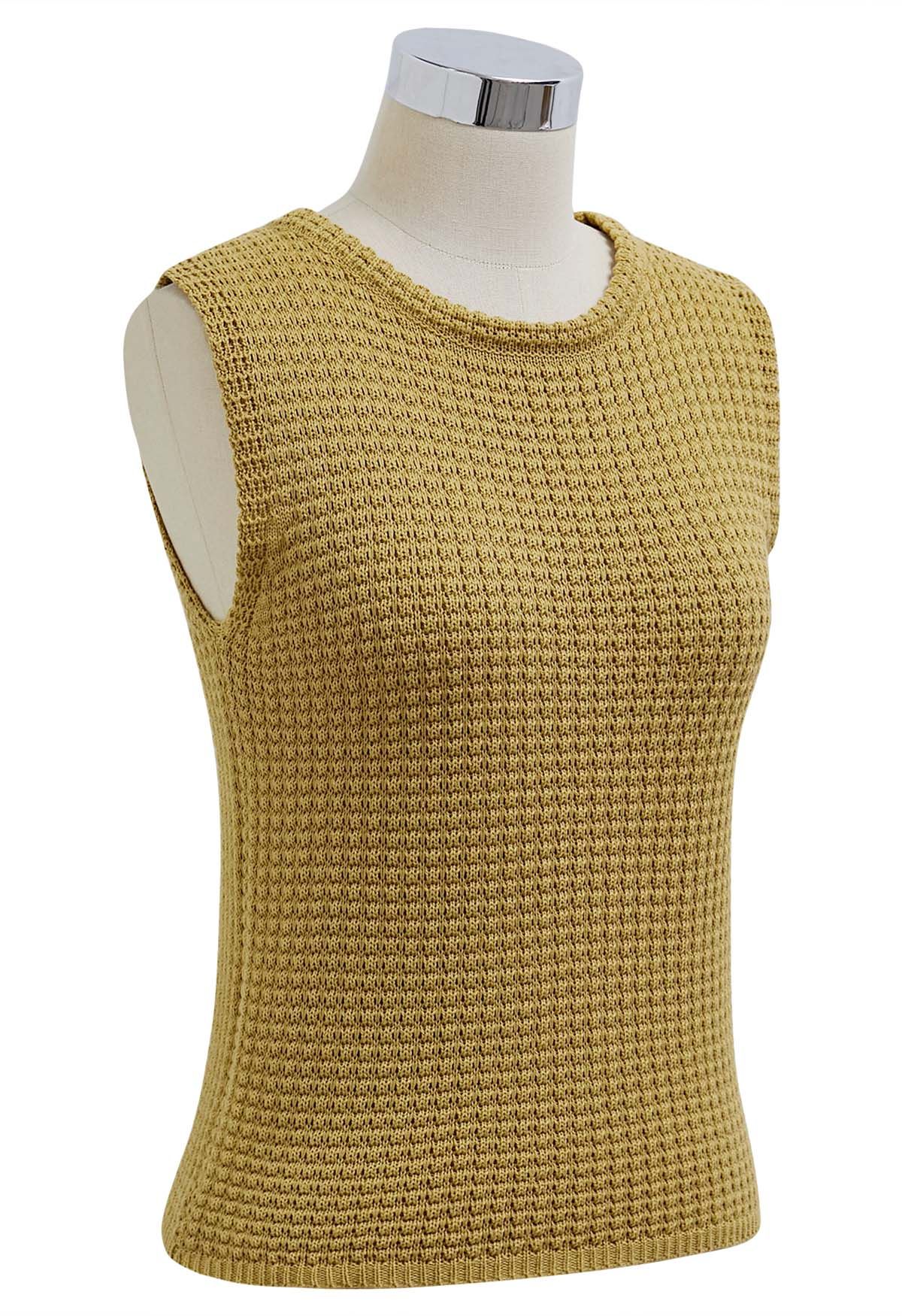 Solid Color Openwork Knit Sleeveless Top in Mustard