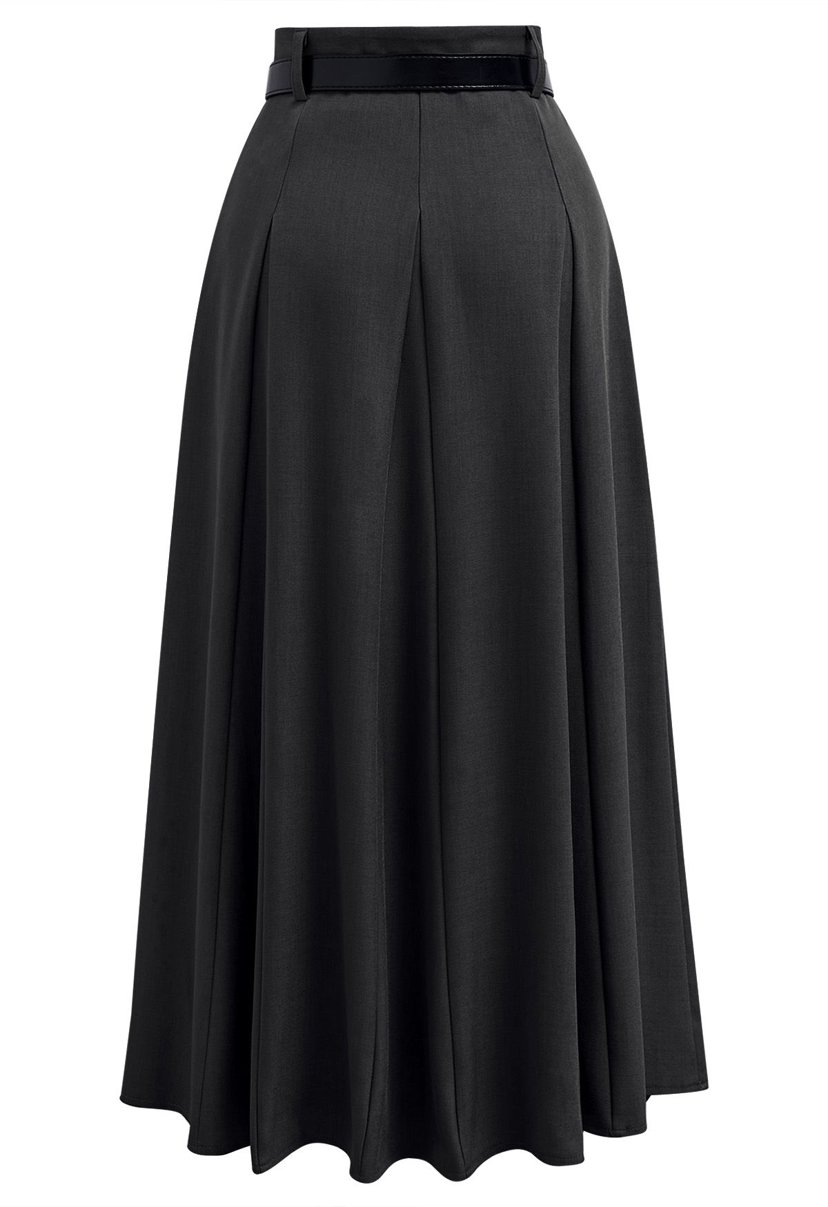 Chic Illusion Belted Flare Maxi Skirt in Black