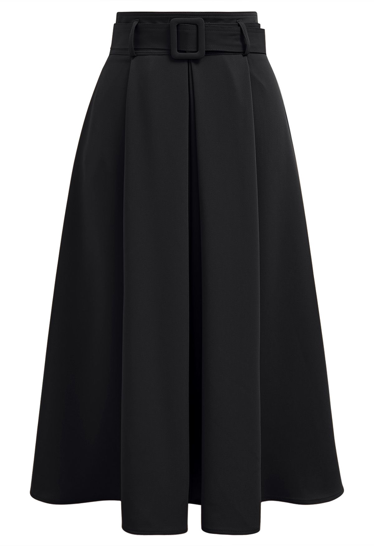 Refined Pleated Belt Midi Skirt in Black