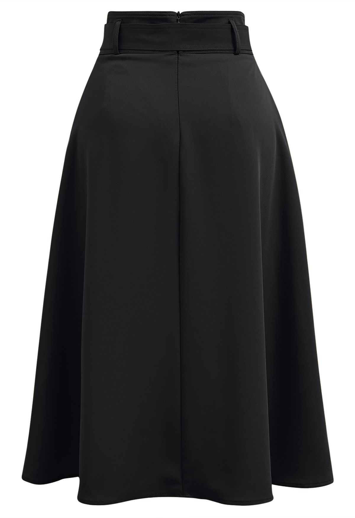 Refined Pleated Belt Midi Skirt in Black