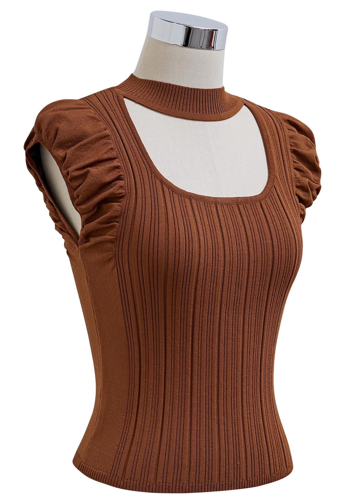 Choker Neck Ruched Cap Sleeves Knit Top in Rust