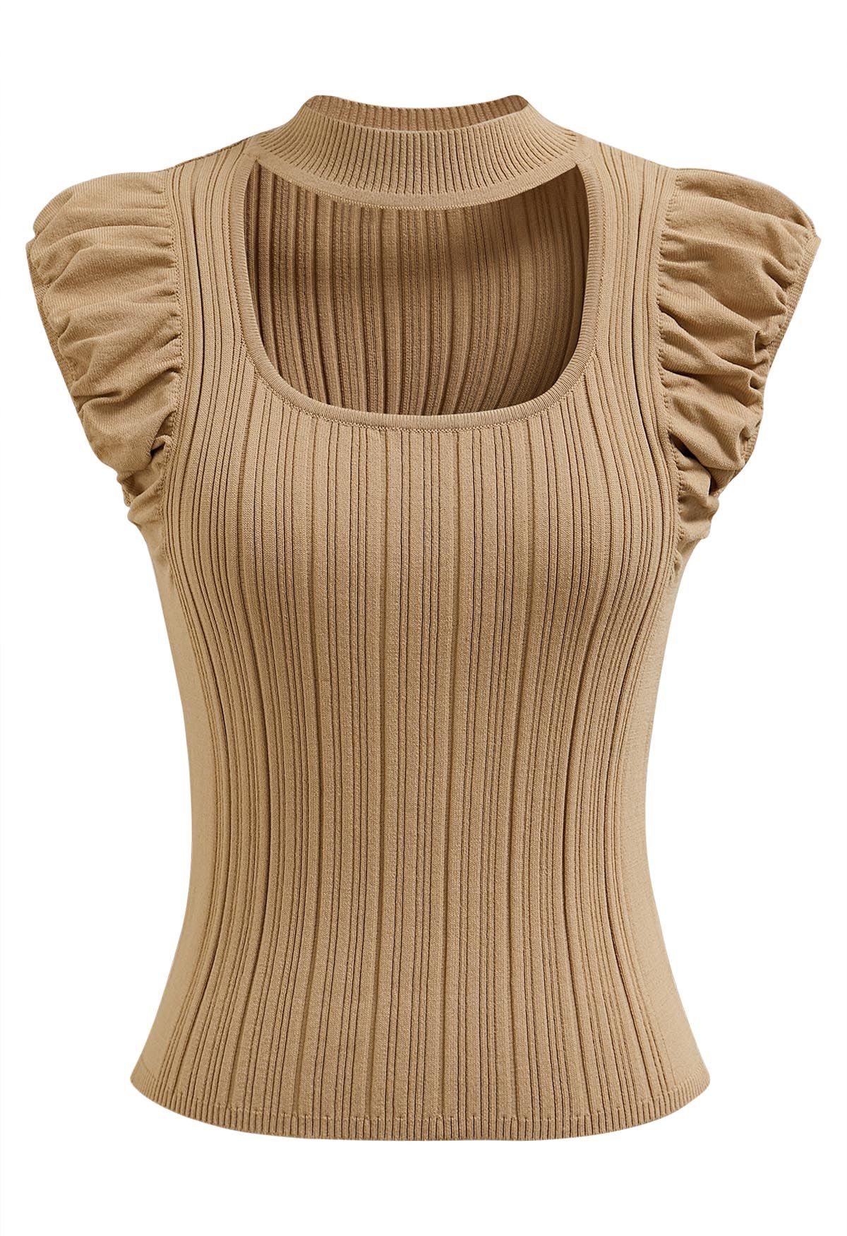 Choker Neck Ruched Cap Sleeves Knit Top in Tan