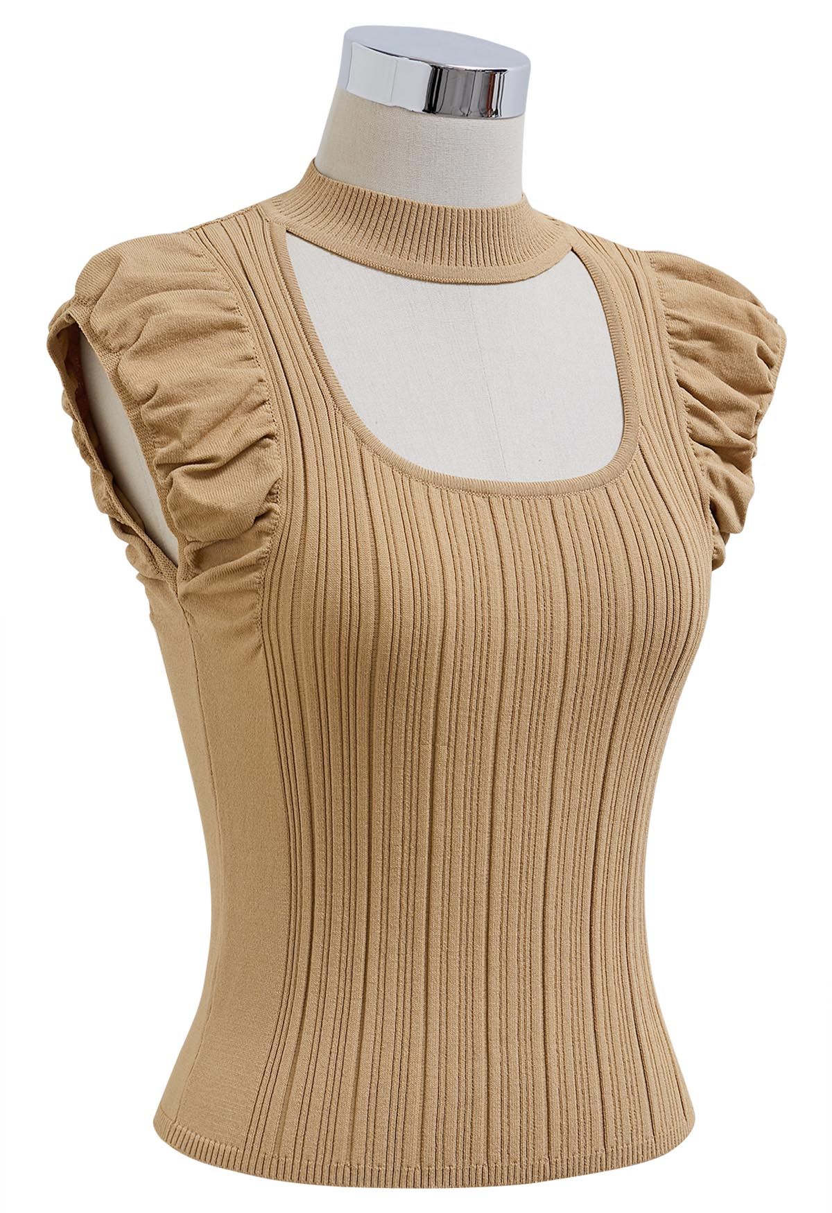 Choker Neck Ruched Cap Sleeves Knit Top in Tan