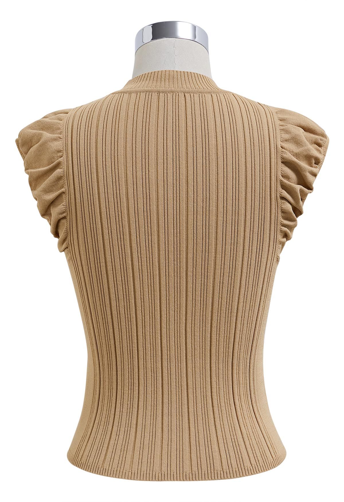 Choker Neck Ruched Cap Sleeves Knit Top in Tan