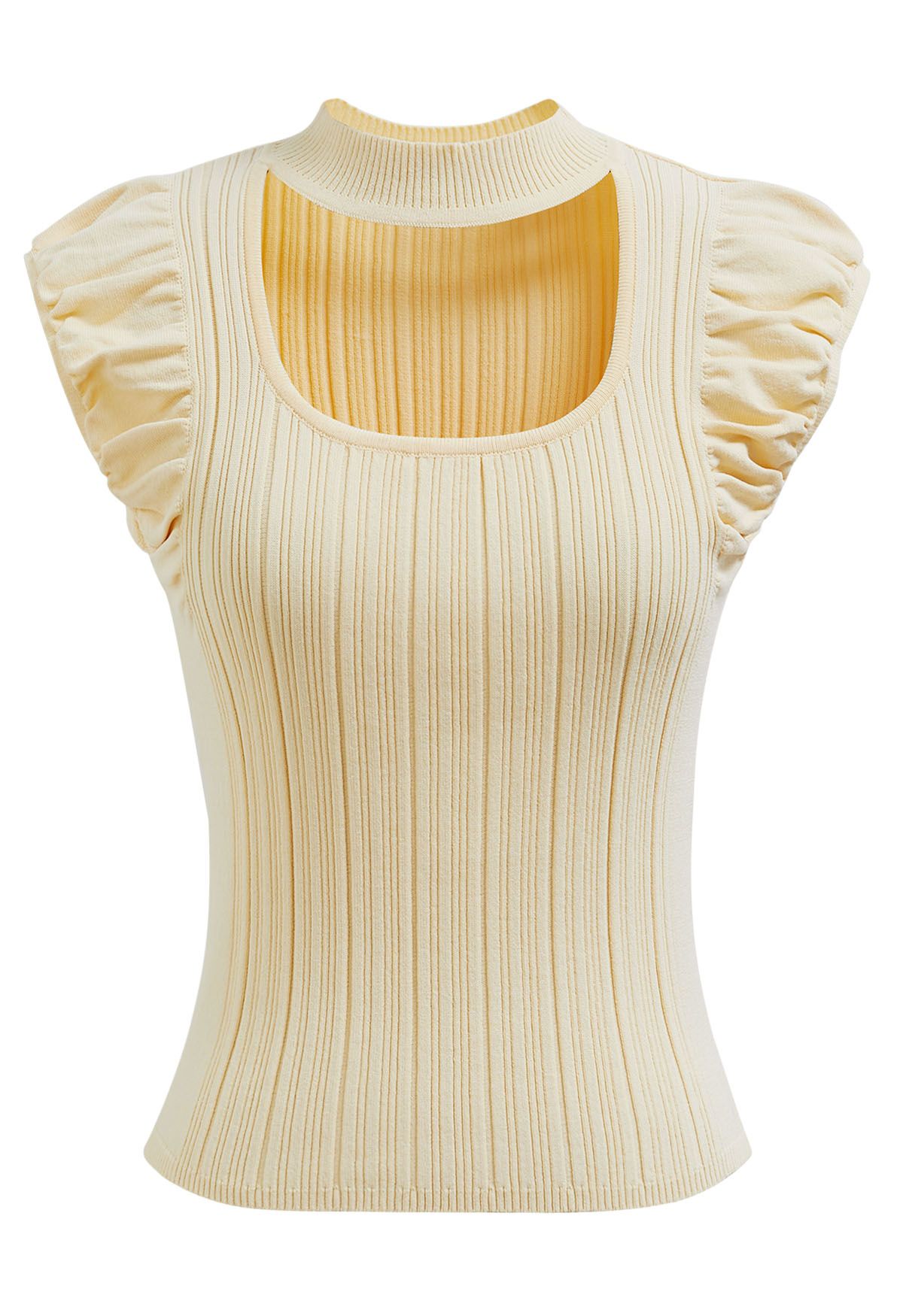 Choker Neck Ruched Cap Sleeves Knit Top in Light Yellow