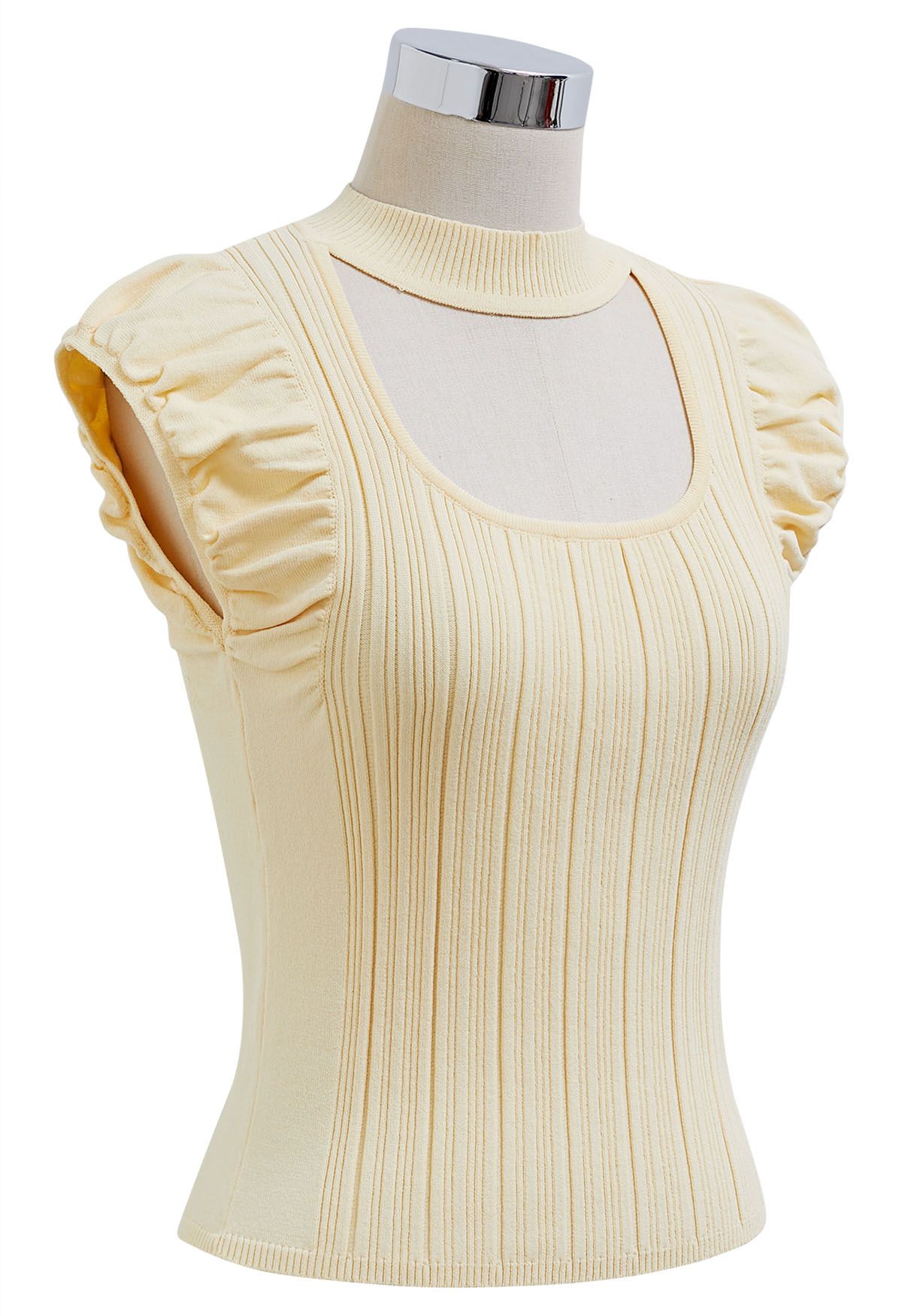 Choker Neck Ruched Cap Sleeves Knit Top in Light Yellow