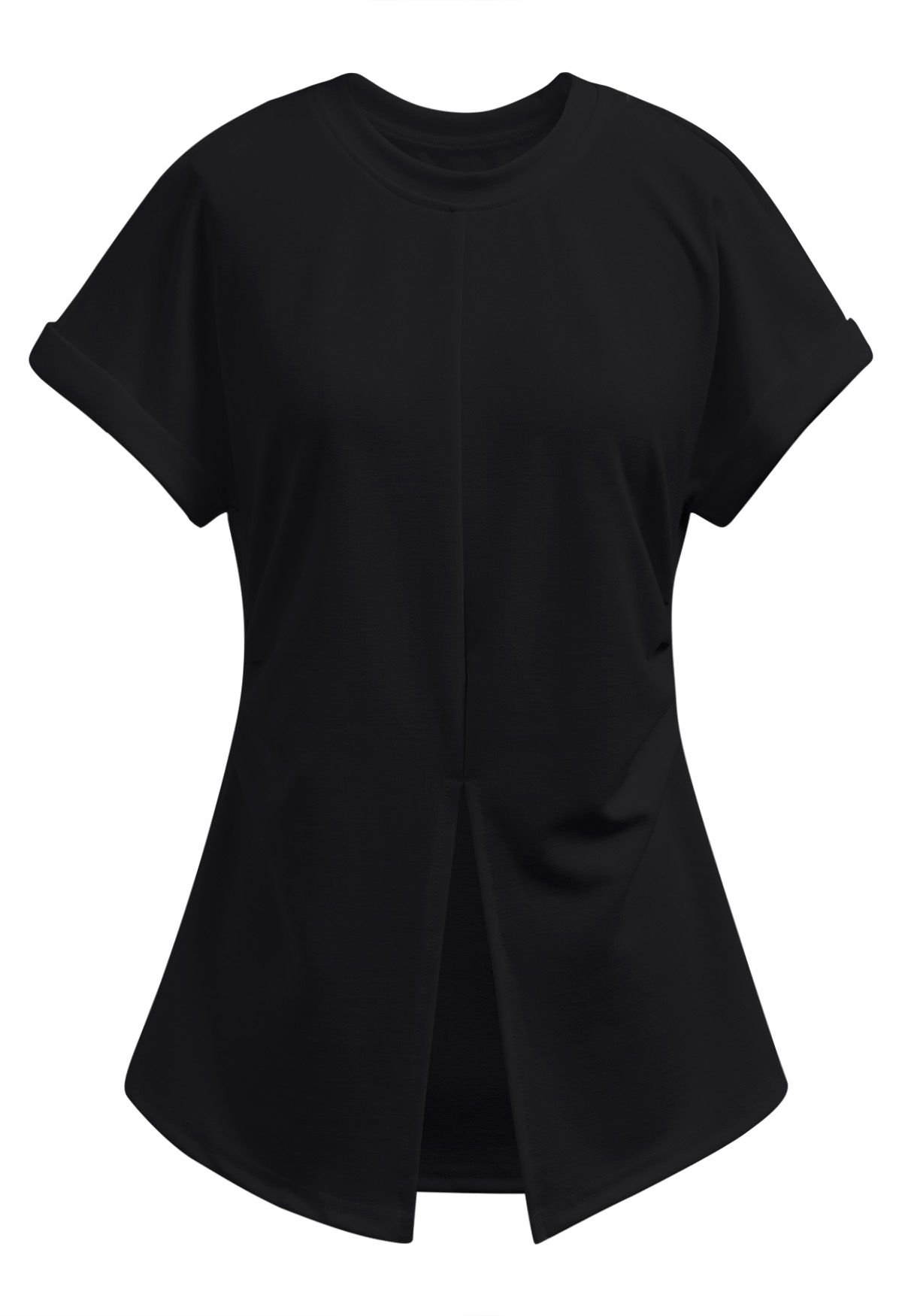 Ruched Split Hem T-Shirt in Black