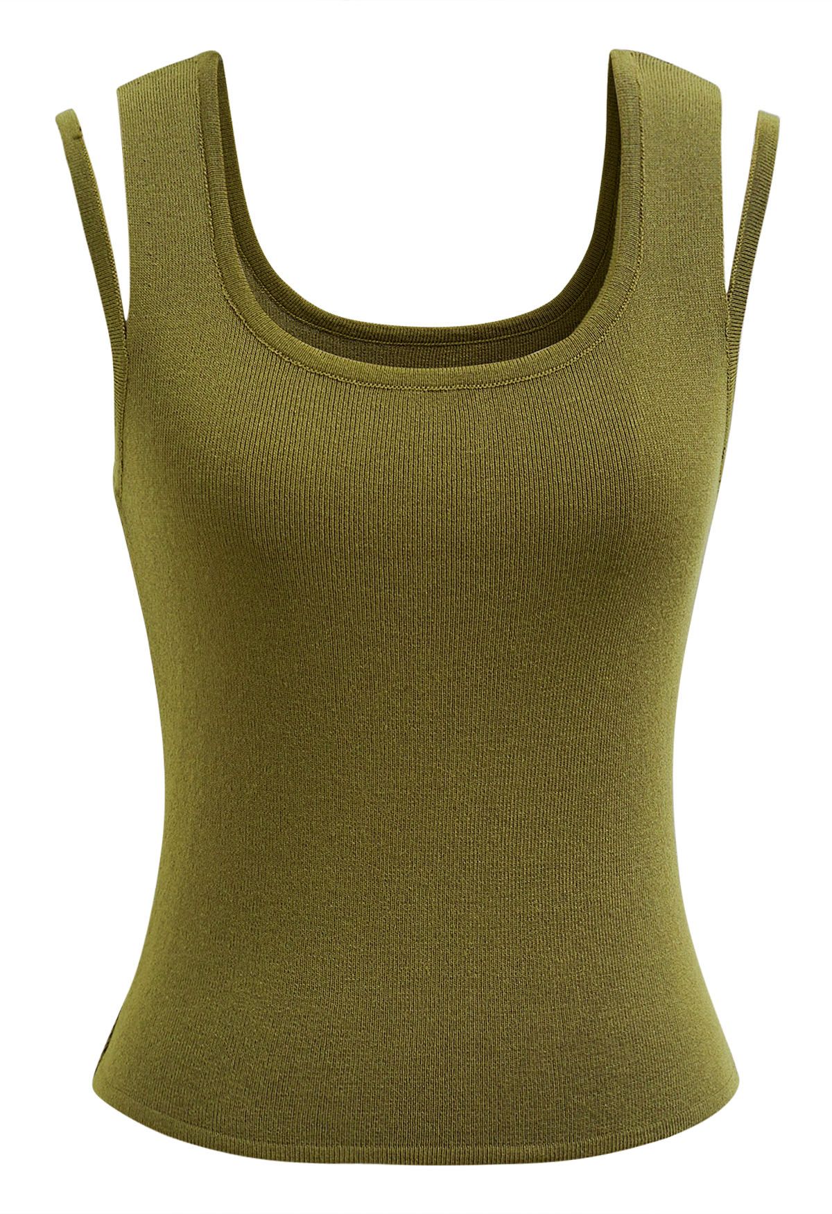 Solid Split Strap Knit Tank Top in Olive