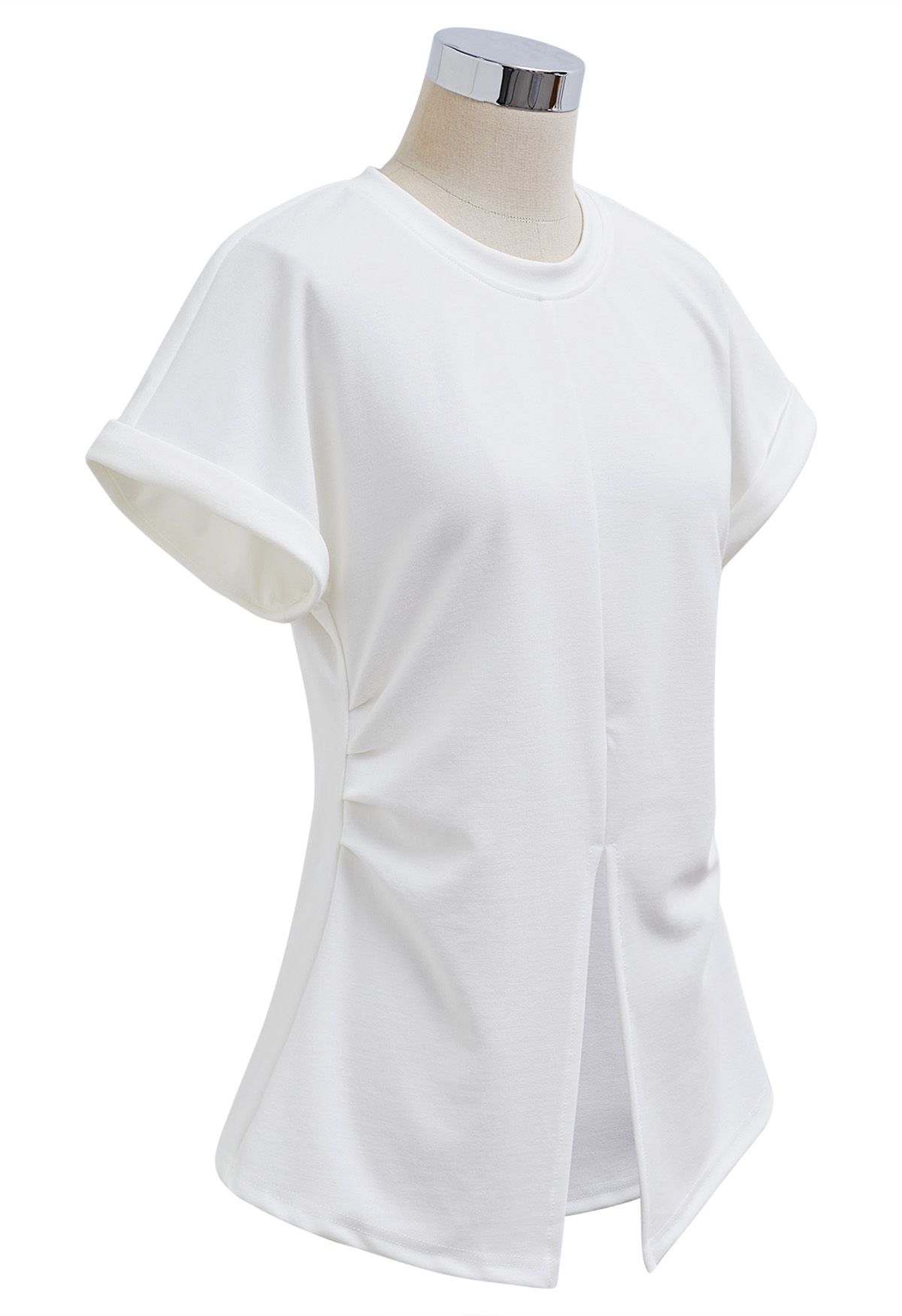 Ruched Split Hem T-Shirt in White