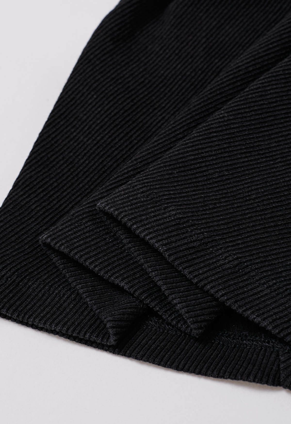 Solid Cap Sleeves Ribbed Top in Black