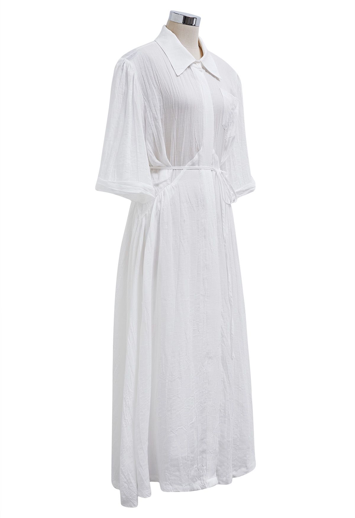 Elbow Sleeve Tie-Waist Buttoned Shirt Dress in White