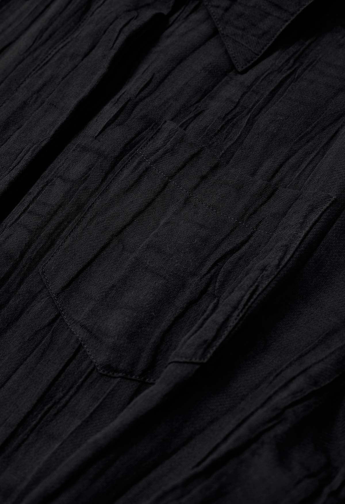 Elbow Sleeve Tie-Waist Buttoned Shirt Dress in Black