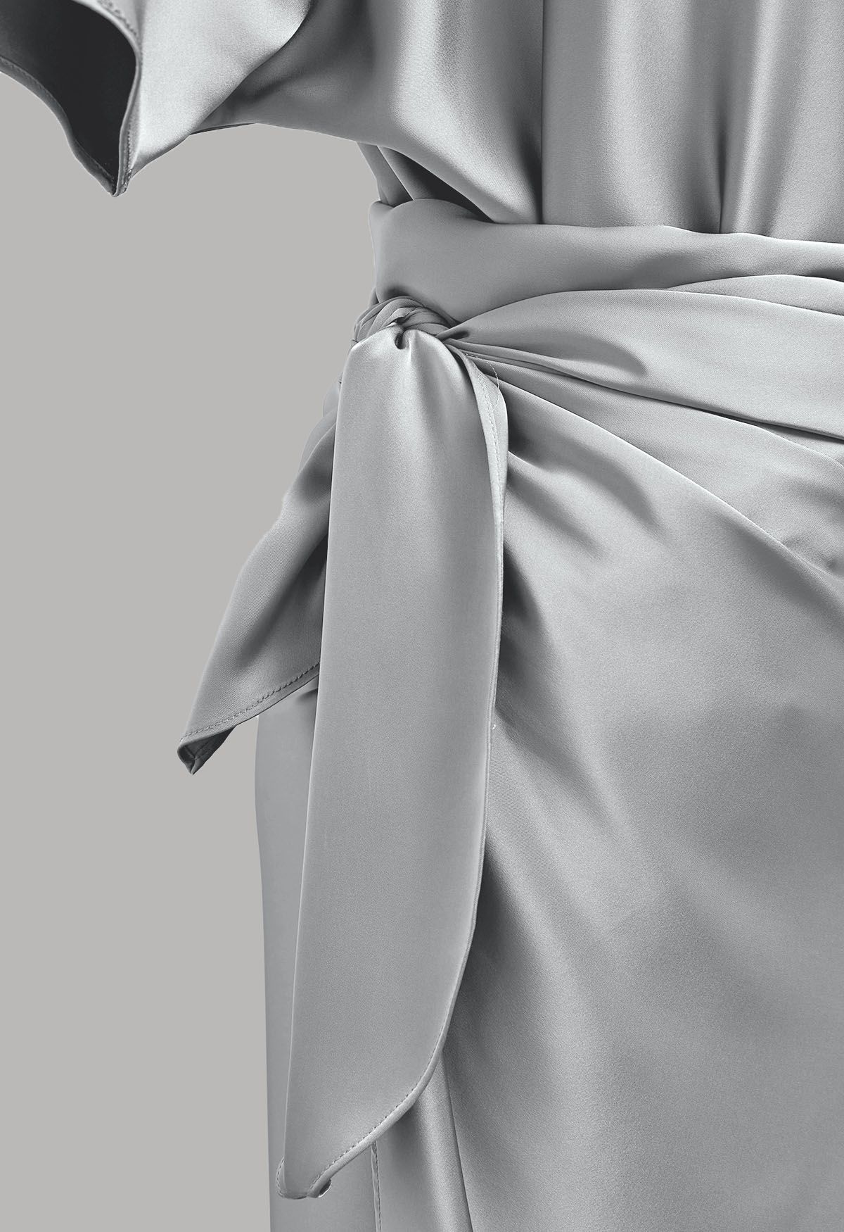 Satin Short-Sleeve Wrapped Waist Maxi Dress in Grey
