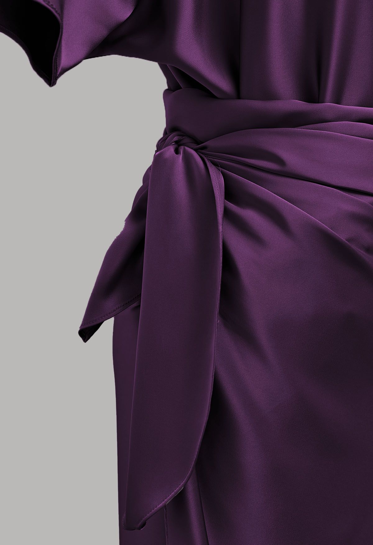 Satin Short-Sleeve Wrapped Waist Maxi Dress in Purple