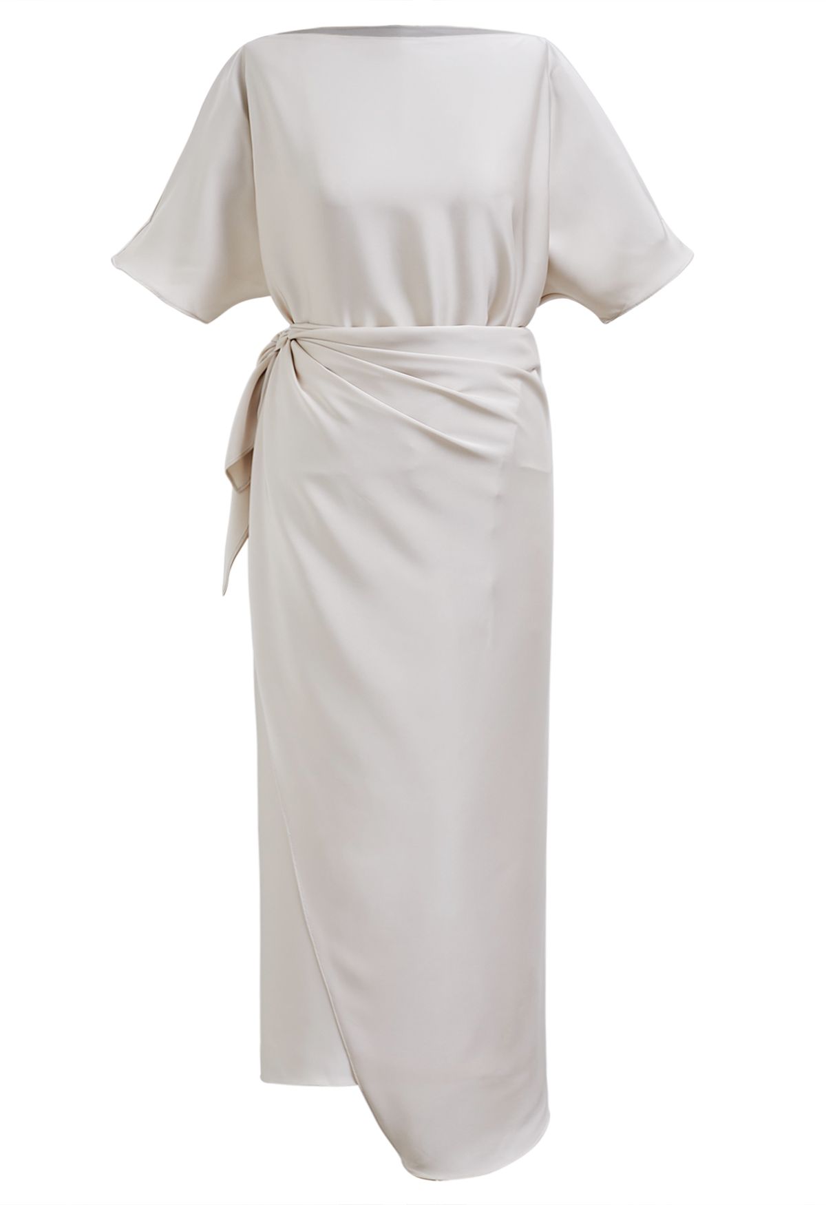 Satin Short-Sleeve Wrapped Waist Maxi Dress in Ivory