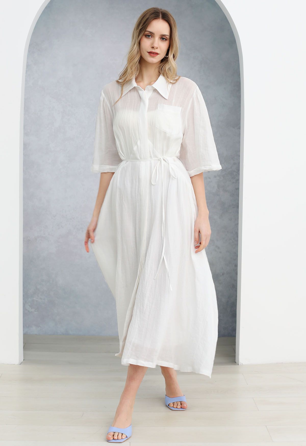 Elbow Sleeve Tie-Waist Buttoned Shirt Dress in White