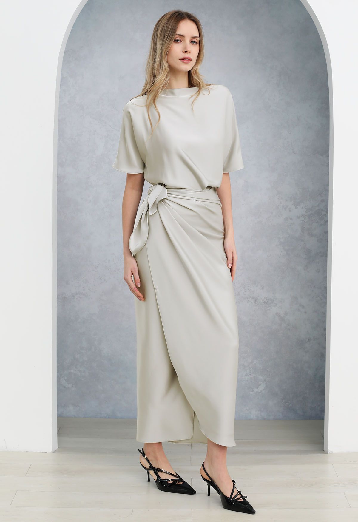 Satin Short-Sleeve Wrapped Waist Maxi Dress in Ivory