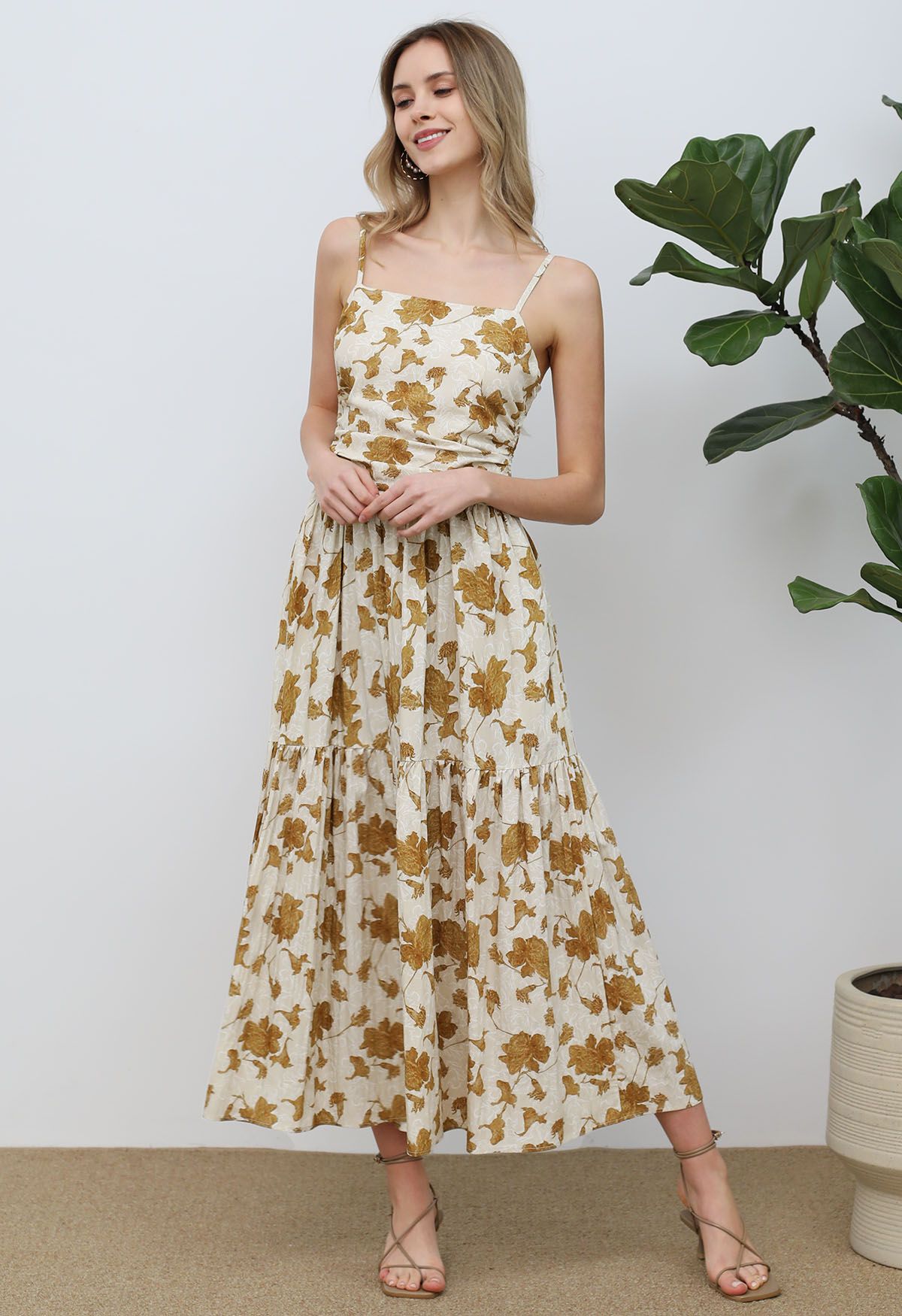 Floral Print Cami Maxi Dress in Caramel