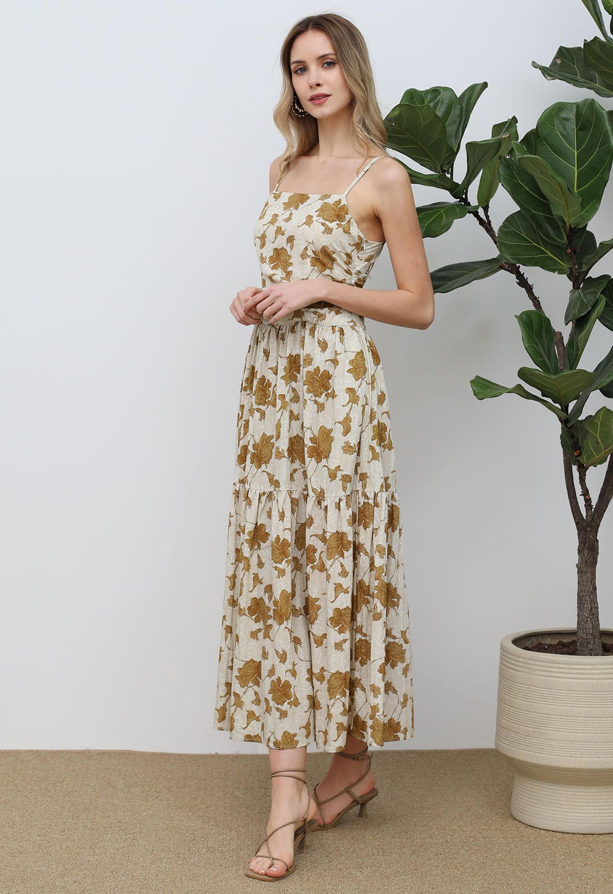 Floral Print Cami Maxi Dress in Caramel
