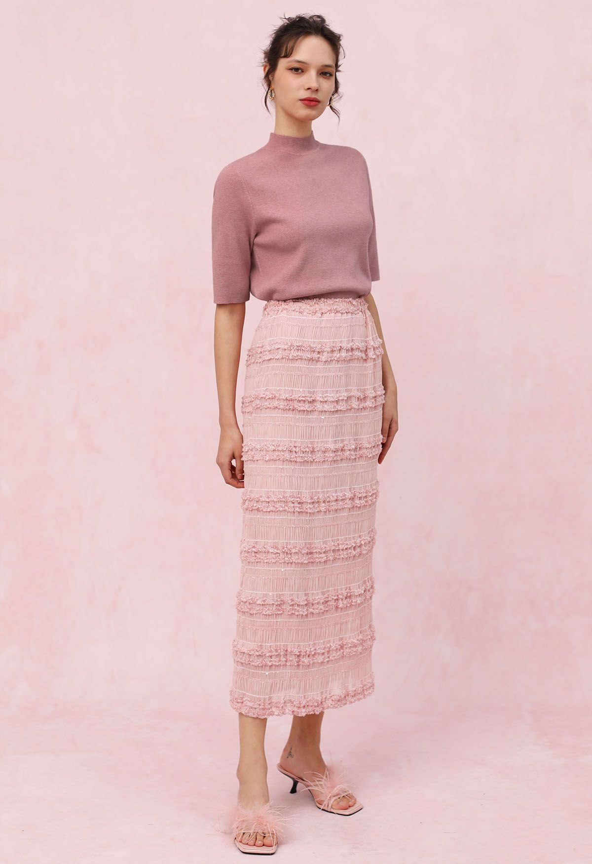 Ruched Mesh Fuzzy Sequin Pencil Skirt in Pink
