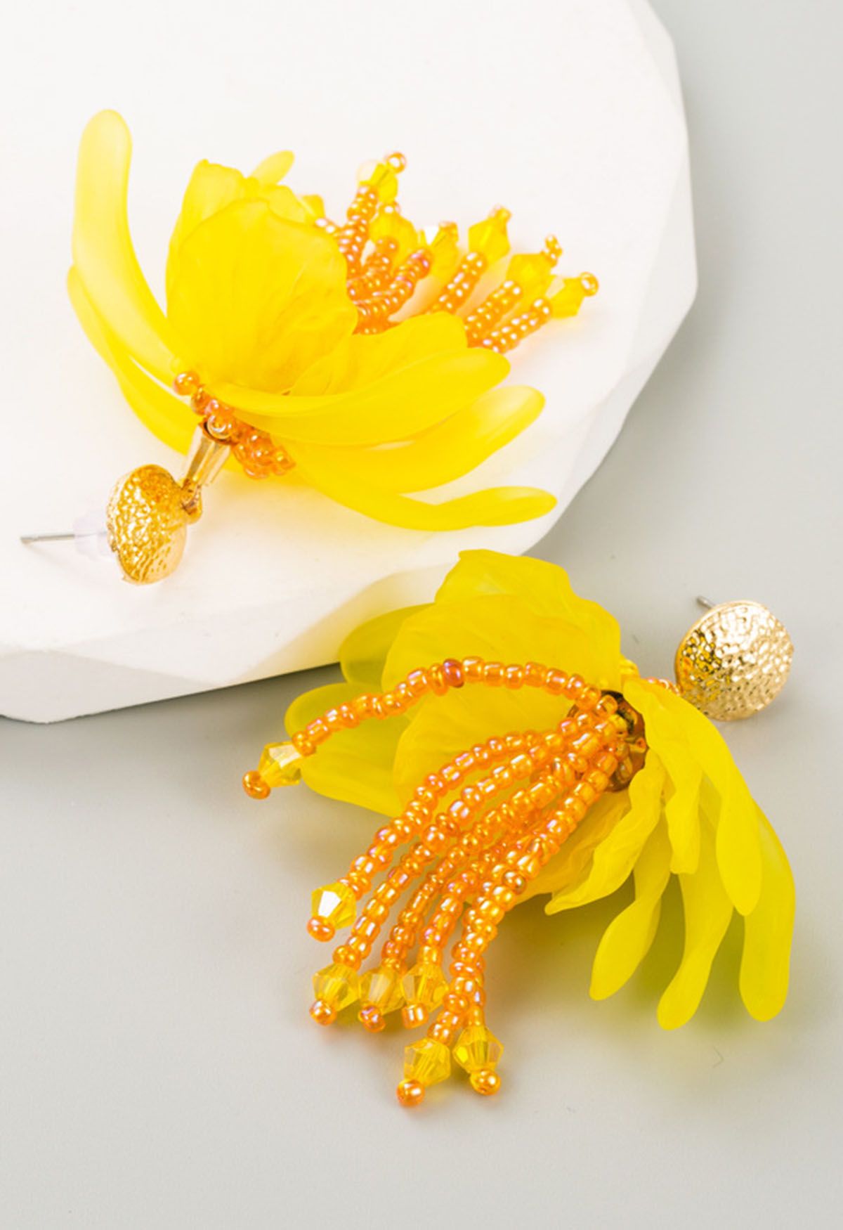 Beaded Petal Tassel Earrings in Yellow