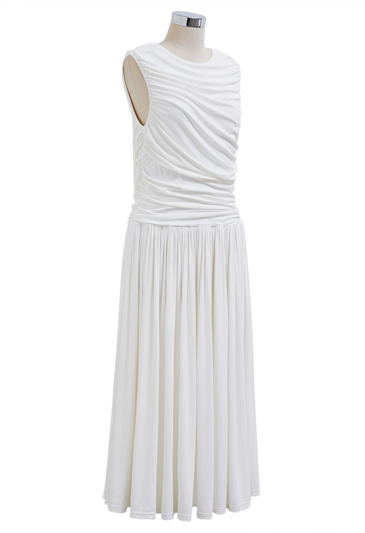 Effortless Ruched Sleeveless Cotton Dress in White