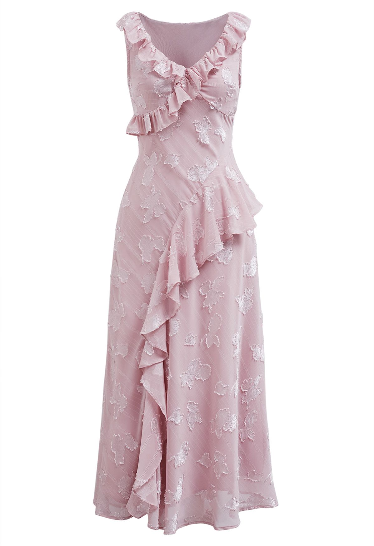 Burnout Rose Ruffle Edge V-Neck Midi Dress in Pink