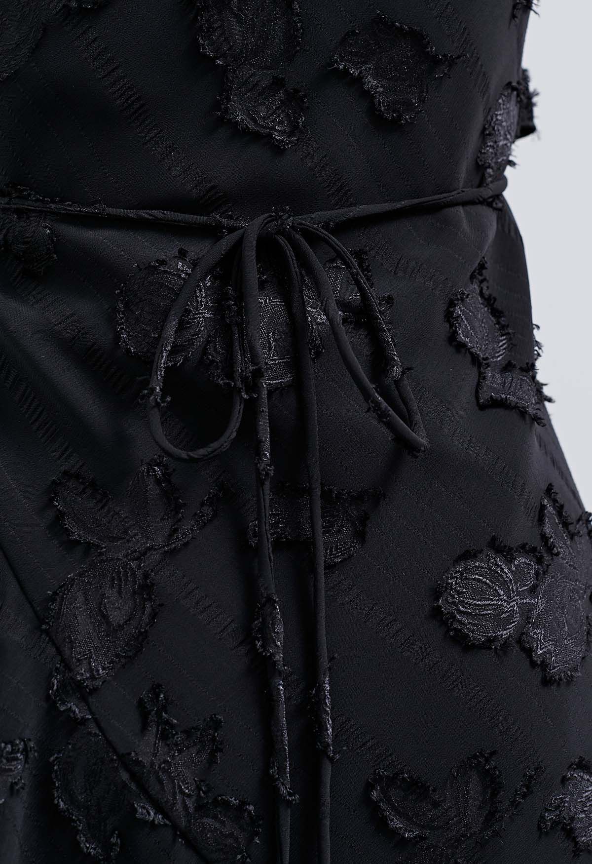 Burnout Rose Ruffle Edge V-Neck Midi Dress in Black