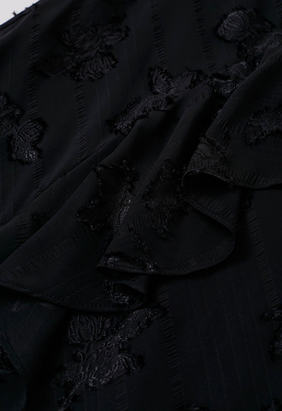 Burnout Rose Ruffle Edge V-Neck Midi Dress in Black