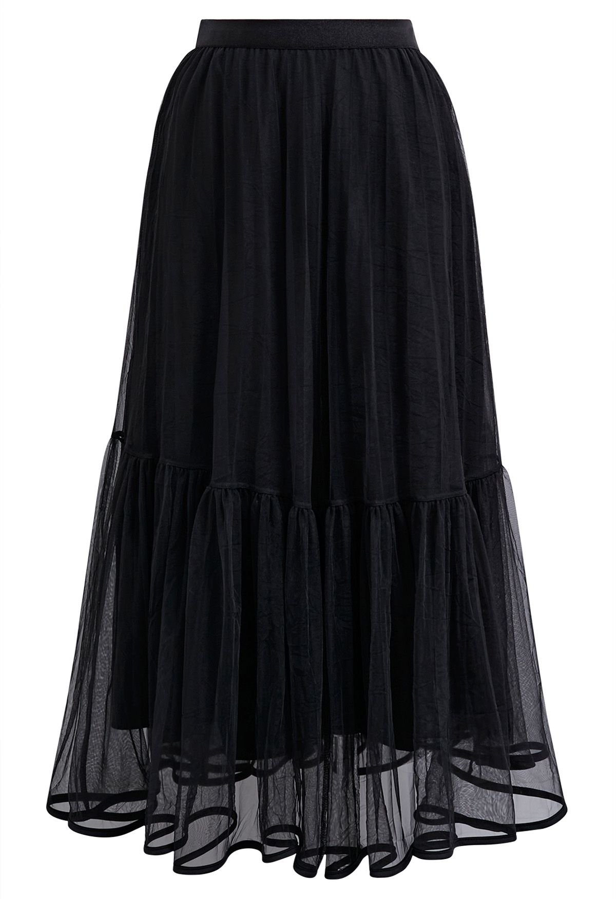 Piping Hem Mesh Tulle Midi Skirt in Black