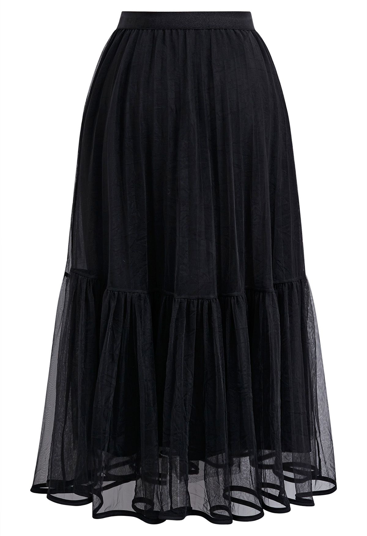 Piping Hem Mesh Tulle Midi Skirt in Black