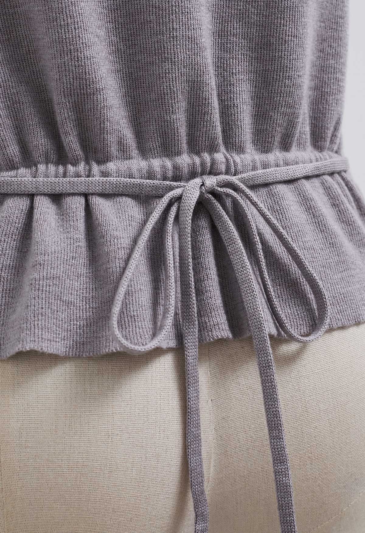 Back Drawstring Waist Mock Neck Knit Top in Grey