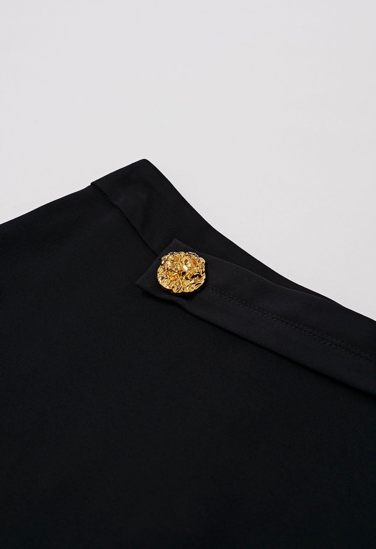 Golden Button Embellished Midi Skirt in Black