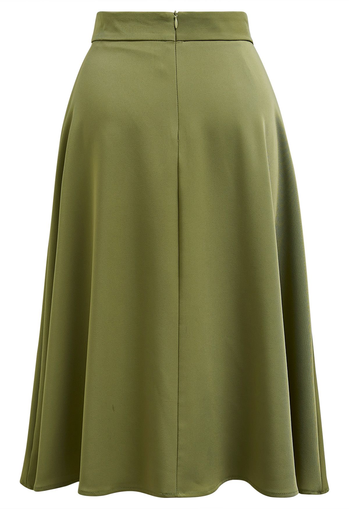 Golden Button Embellished Midi Skirt in Moss Green