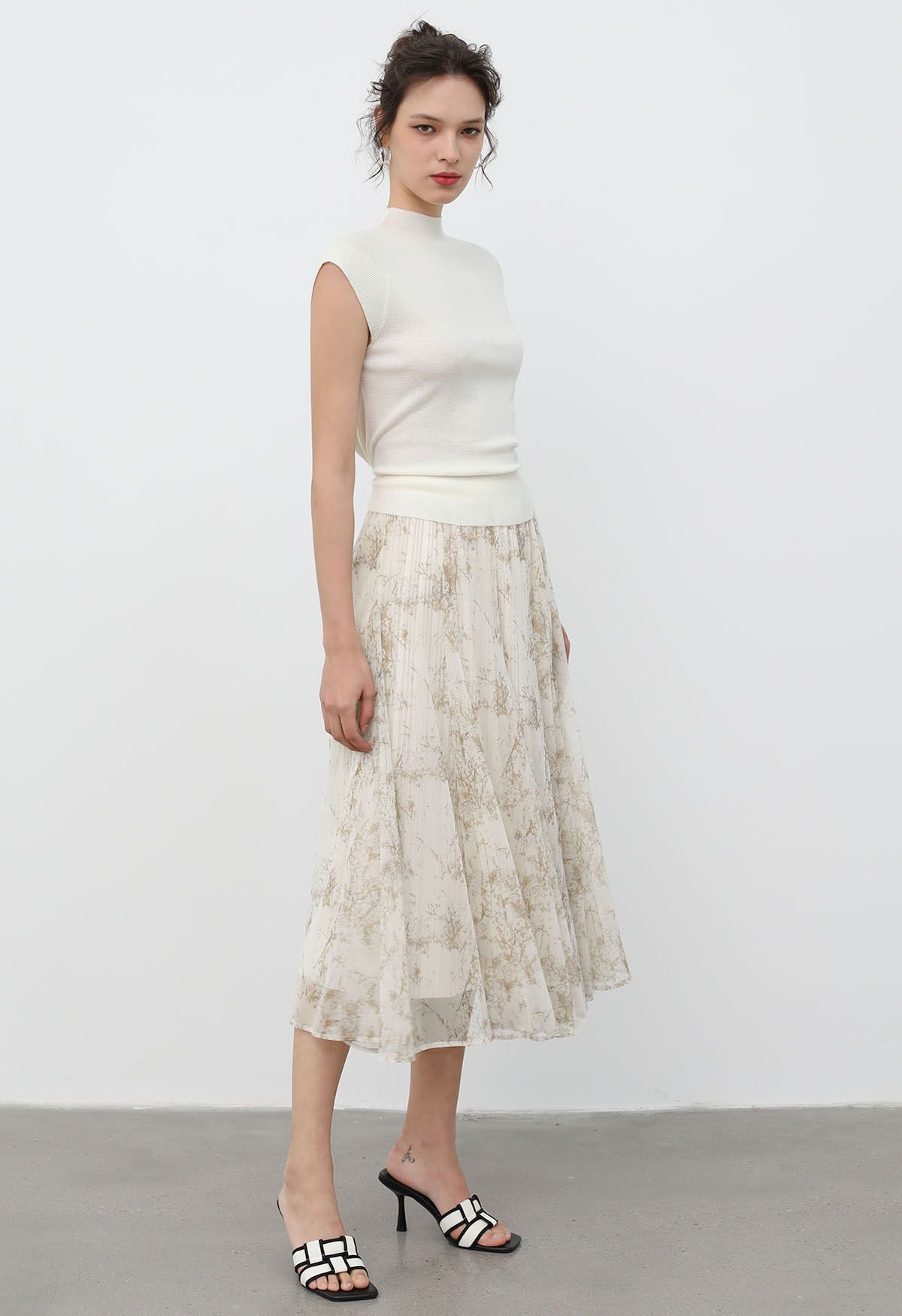 Branch Print Pleated Mesh Midi Skirt in Tan