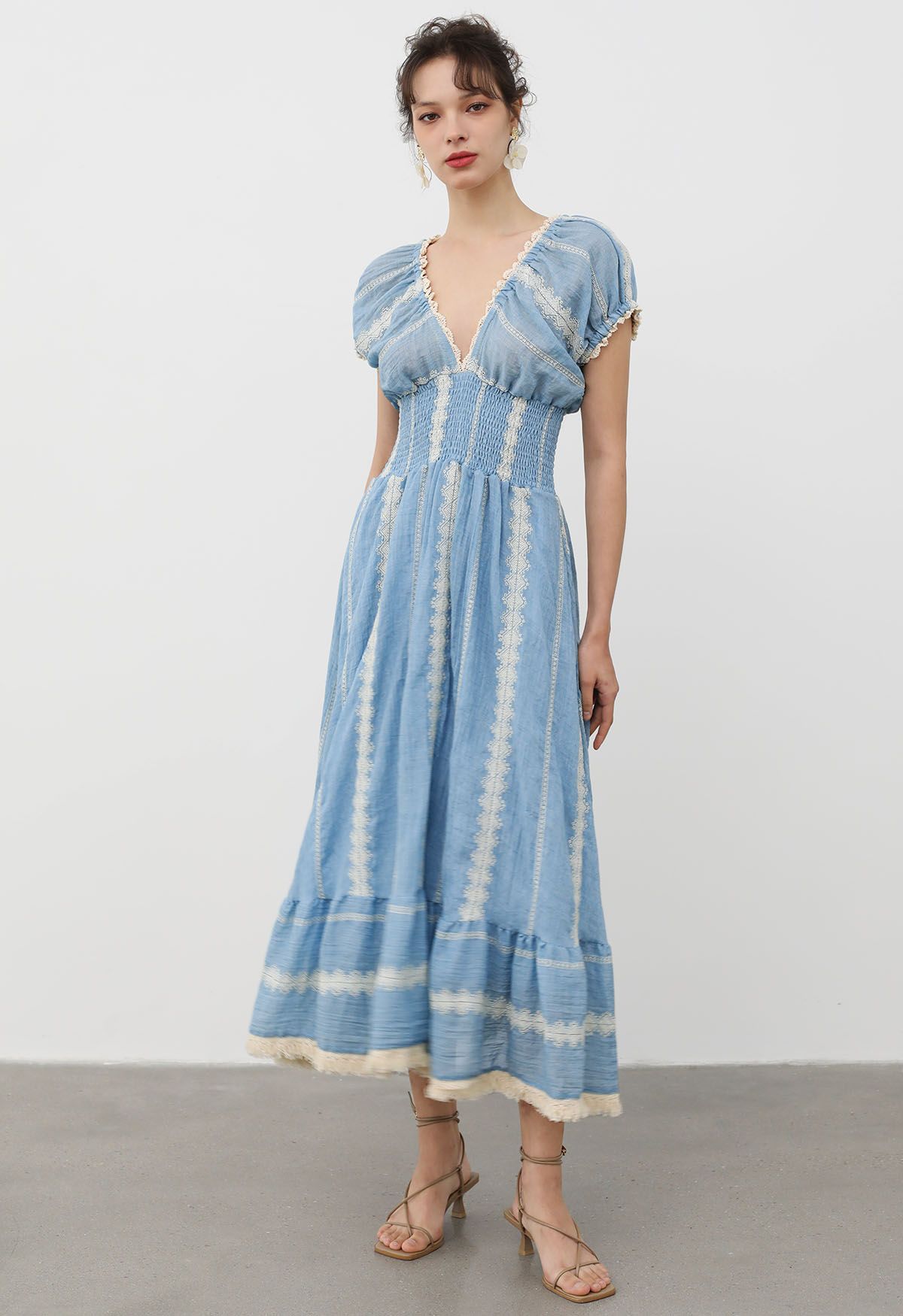 Sea Breeze Eyelet Embroidery V-Neck Maxi Dress