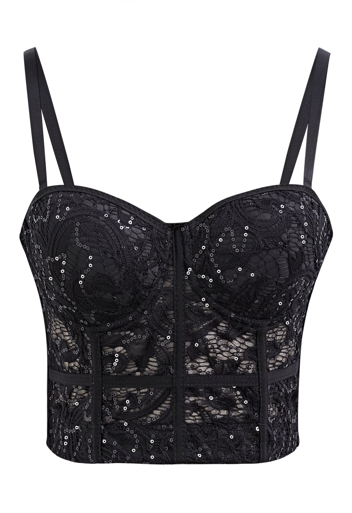 Sequined Lace Bustier Crop Top in Black