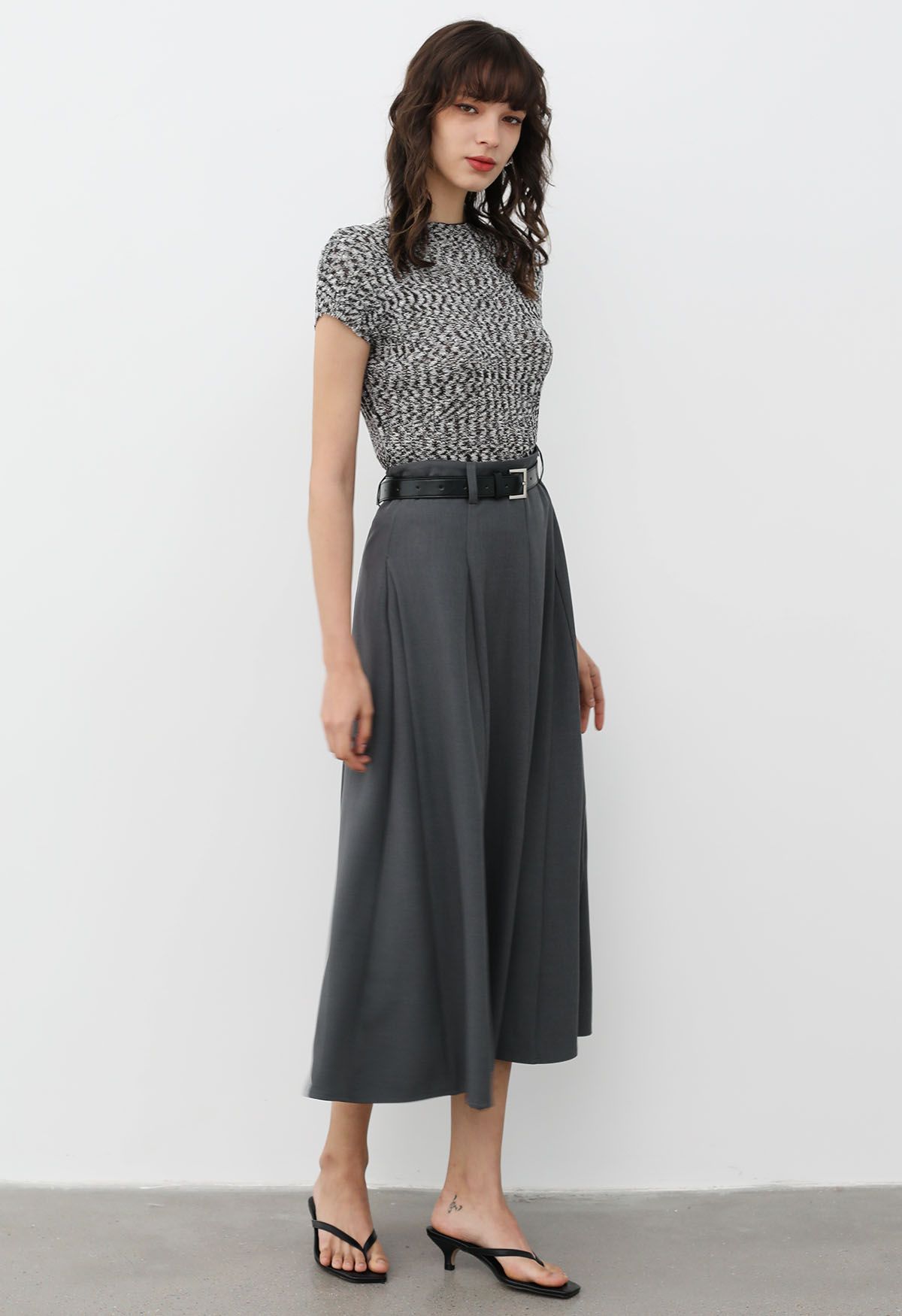 Chic Illusion Belted Flare Maxi Skirt in Smoke