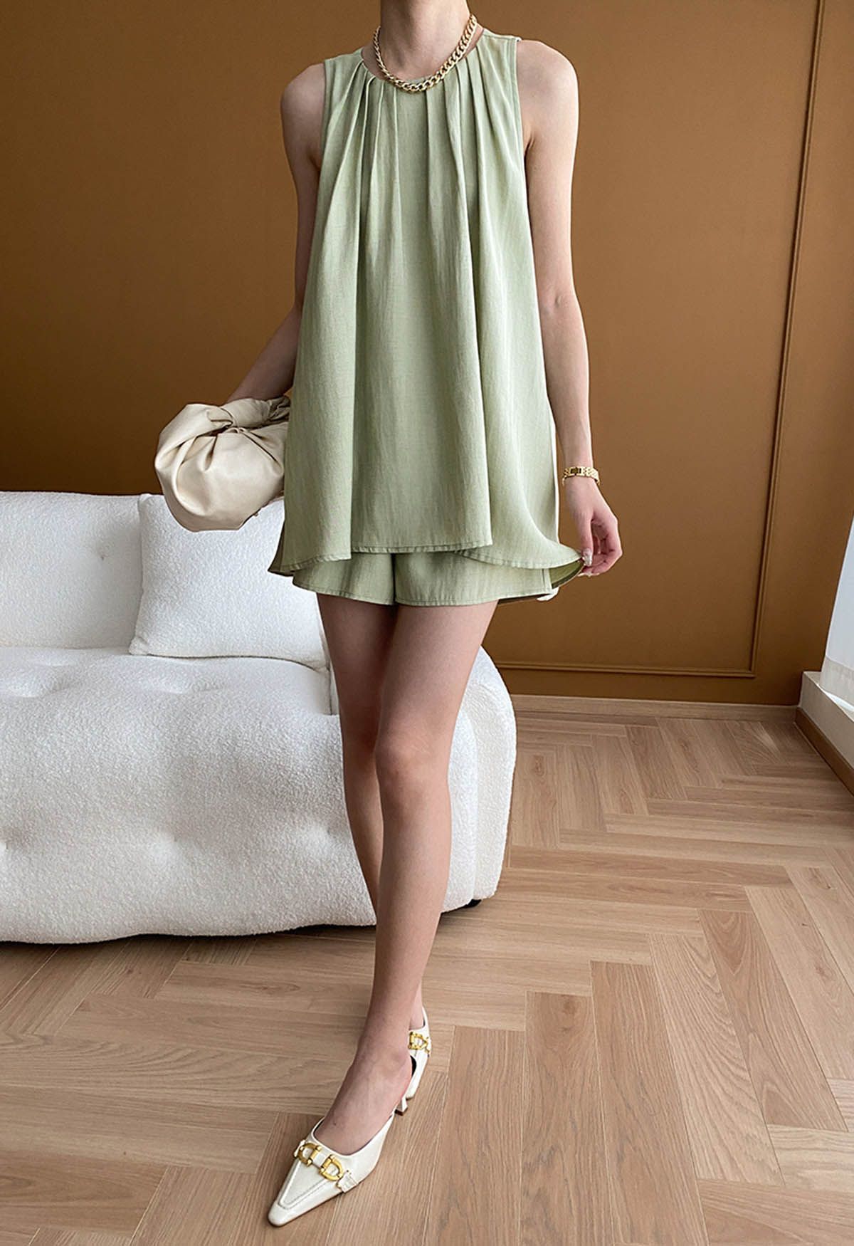Pleats Sleeveless Top and Shorts Set in Pea Green