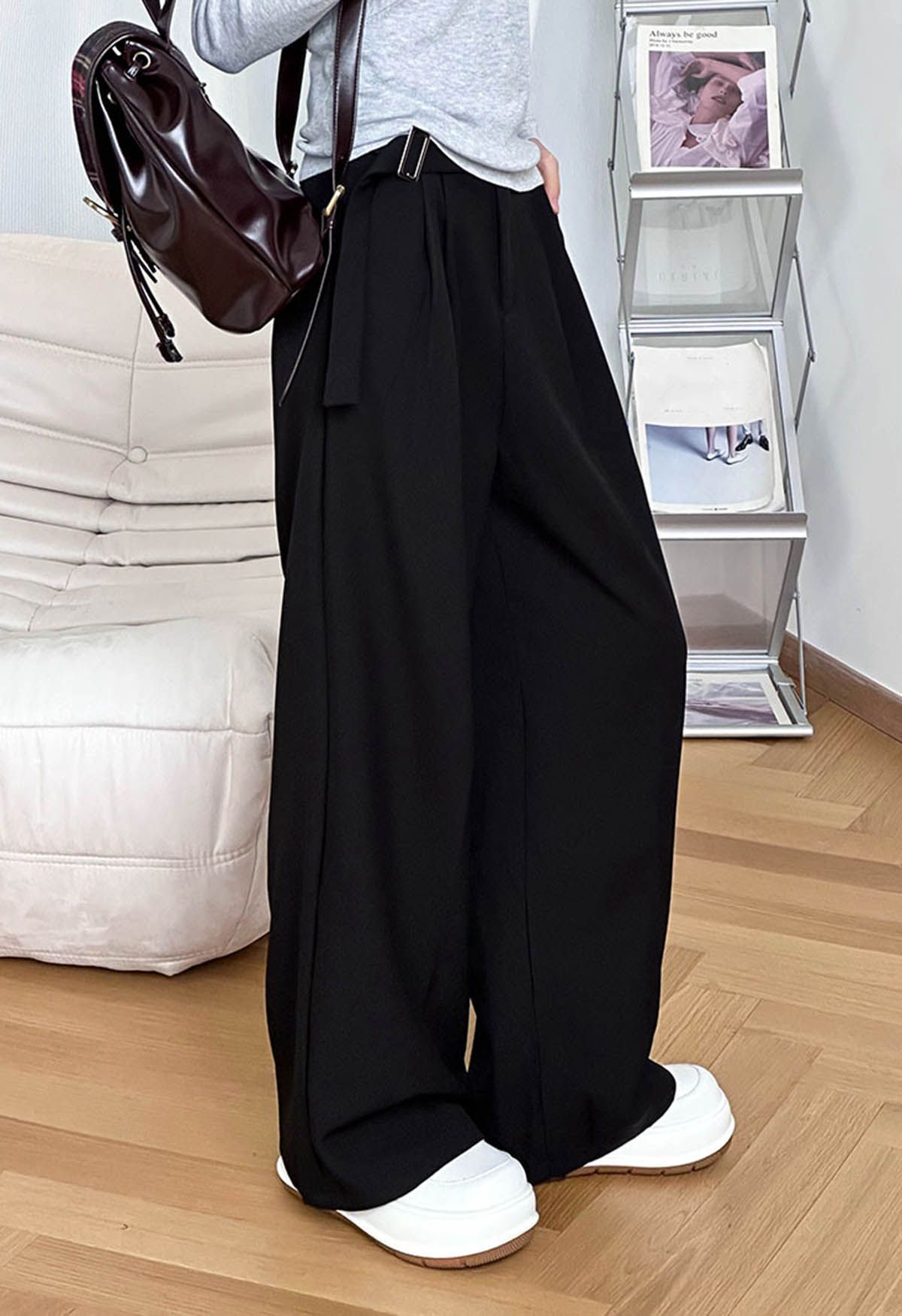 Solid Belted High Waist Wide-Leg Pants in Black