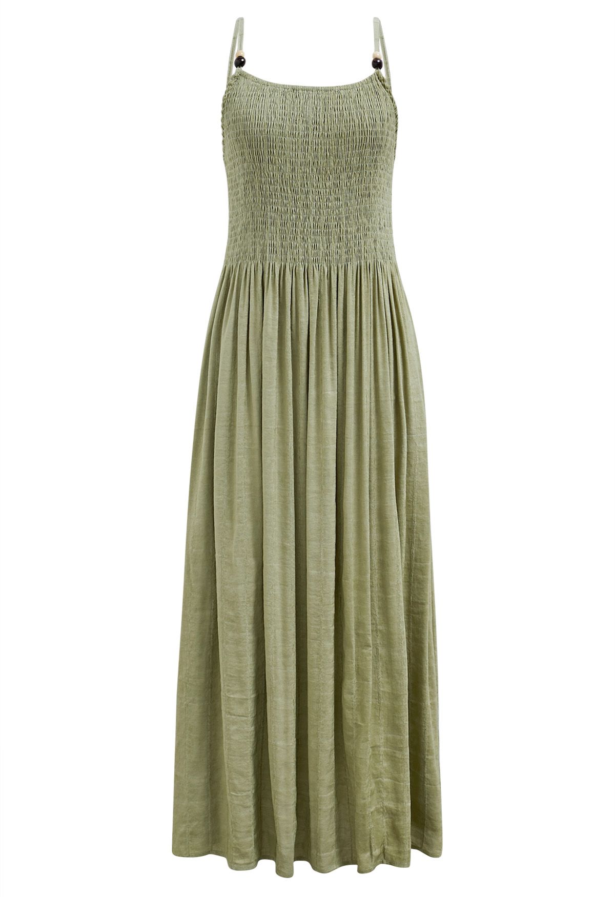 Beaded Strap Shirred Bodice Cami Dress in Pea Green