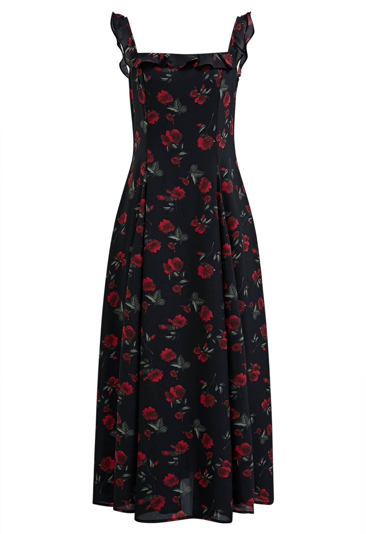 Watercolor Rose Ruffle Cami Dress in Black