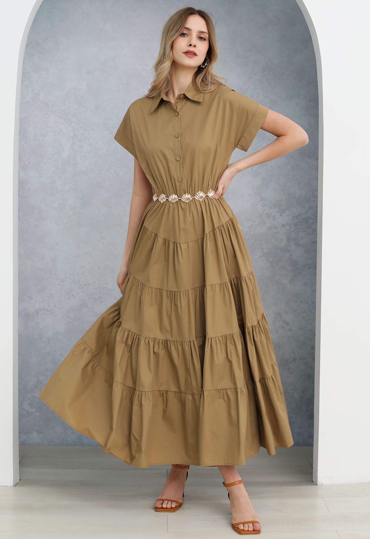 Short Sleeves Frilling Cotton Maxi Dress in Camel