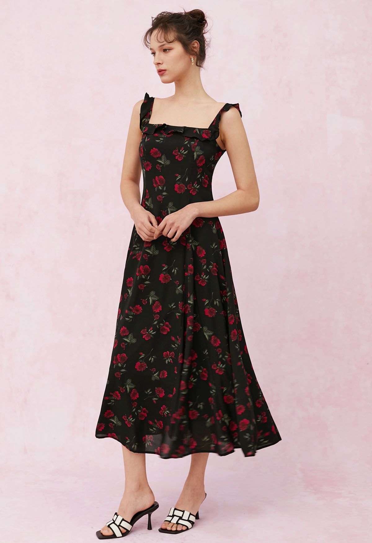 Watercolor Rose Ruffle Cami Dress in Black