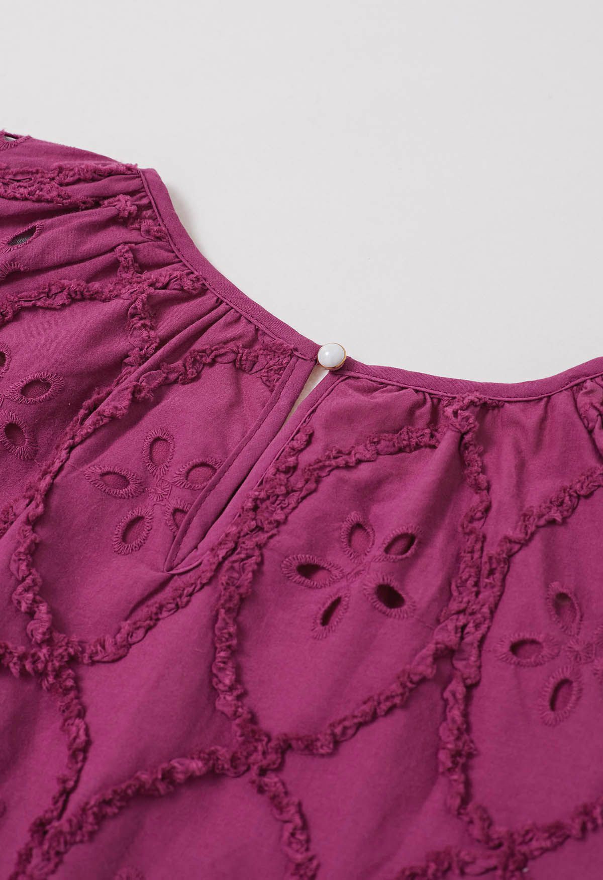 Floral Eyelet Embroidery Bubble Sleeves Top in Magenta