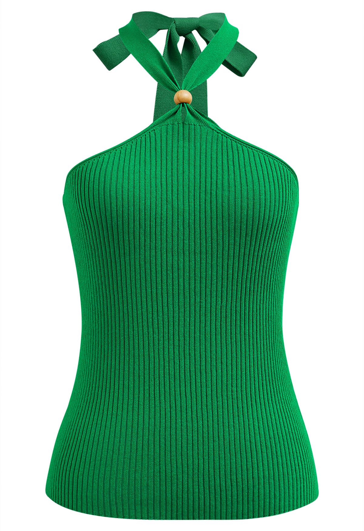 Wooden Bead Decor Halter Knit Top in Green